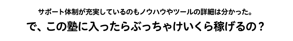 サポート体制が充実しているのも、ノウハウやツールの詳細は分かった。で、この塾に入ったらぶっちゃけいくら稼げるの？